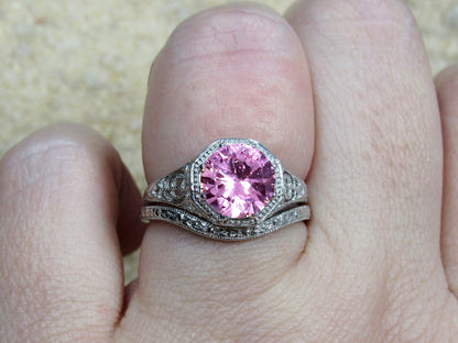 Pink Sapphire Engagement Ring,Sapphire Ring,White Sapphire Ring,Wedding Band Set,Vintage Ring,Antique Filigree Ring,Fides, 2ct 8mm BellaMoreDesign.com