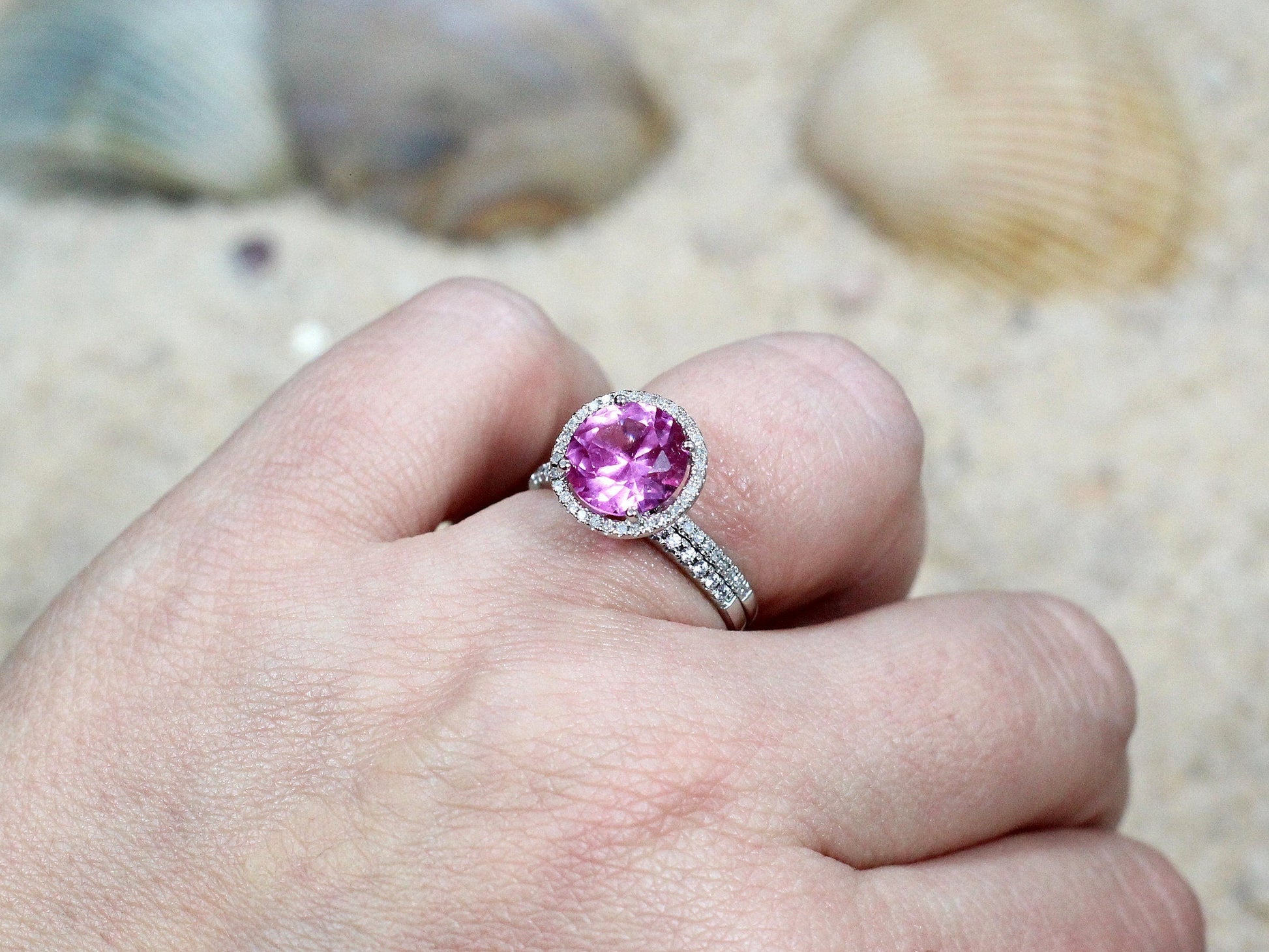 Pink Sapphire Engagement Ring Set,Halo Ring set,Wedding Band Set,Pricus,3ct 9mm,Pink Sapphire Ring Set,Wht,Yellow-Rose Gold-10k-14k-18k-Plt BellaMoreDesign.com
