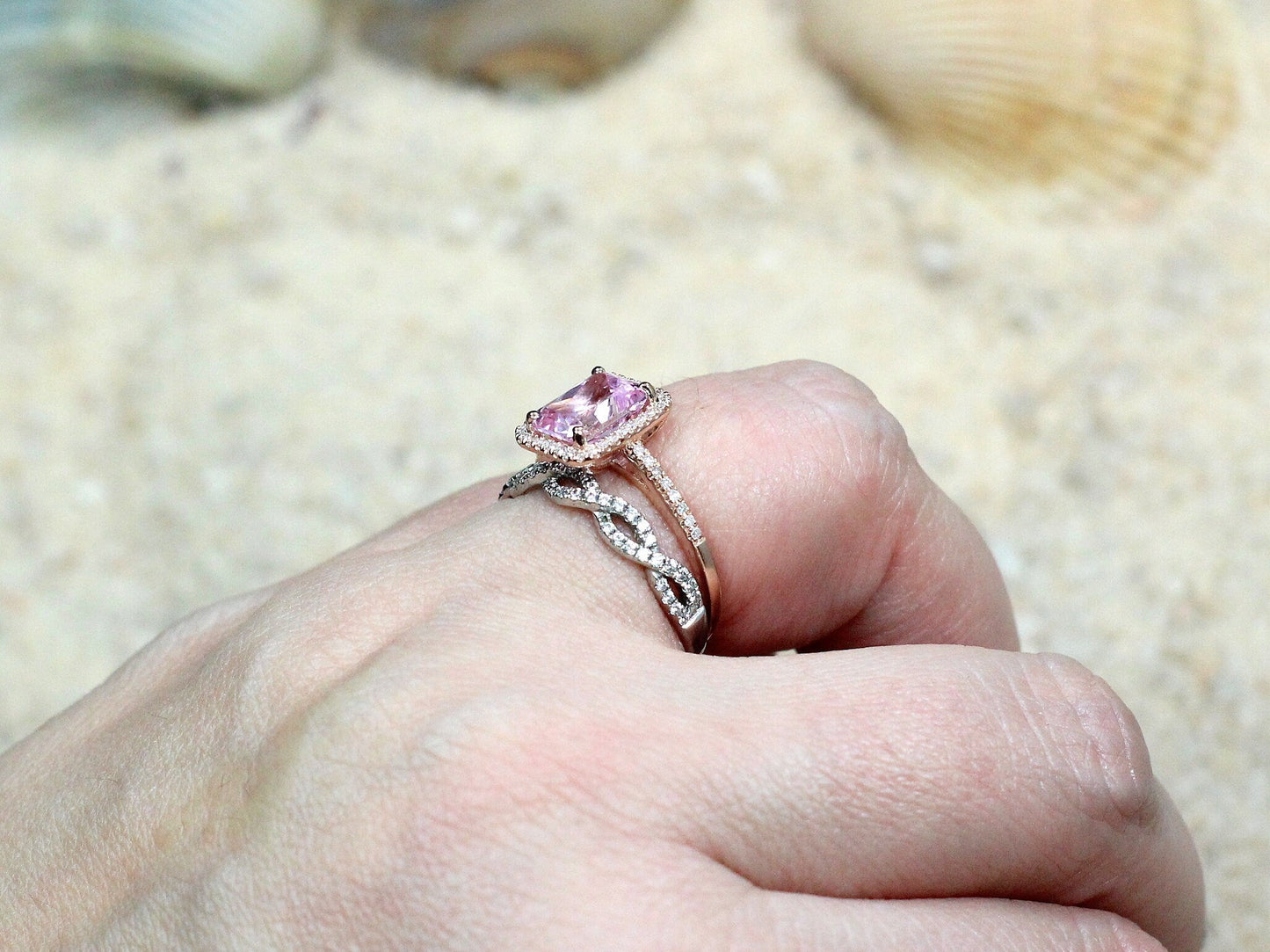 Pink Sapphire Engagement Ring Set,Infinity Band,Wedding Band Set,Hemera,2ct Ring,Sapphire Ring,Pink Sapphire Ring,White-Yellow-Rose Gold BellaMoreDesign.com