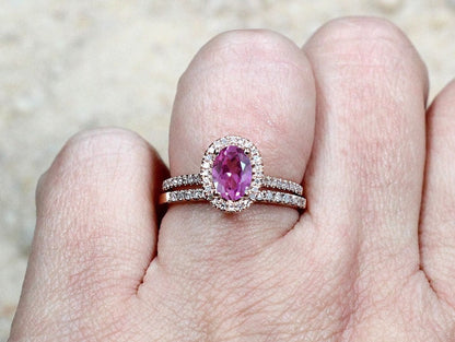 Pink Sapphire Engagement Ring Set, Oval Halo, wedding band Set, Ovale, 2ct, 8x6mm, Promise ring, gift for her BellaMoreDesign.com