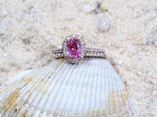 Pink Sapphire Engagement Ring Set, Oval Halo, wedding band Set, Ovale, 2ct, 8x6mm, Promise ring, gift for her BellaMoreDesign.com
