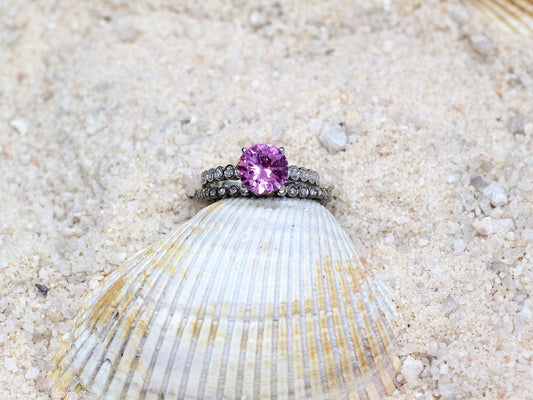 Pink Sapphire Engagement Ring Set,Wedding Band Set,Round Bezel Band,Ferarelle,2ct Ring, BellAmoreDesign BellaMoreDesign.com