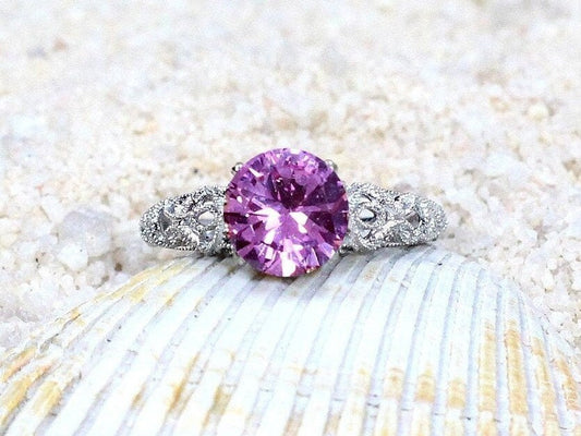 Pink Sapphire Engagement Ring, Vintage, Antique, Filigree, Andromeda, 2cts, 8mm, Gift For Her, Promise Ring, Pink Sapphire Ring BellaMoreDesign.com