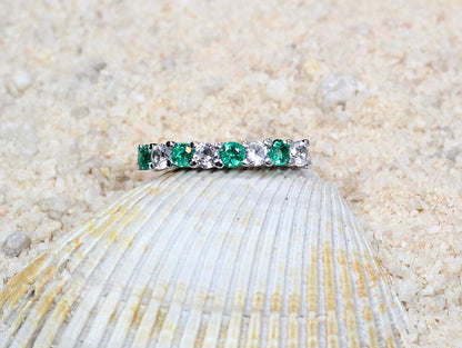 Ready to Ship Emerald & White Sapphire Engagement Ring Band Half Eternity Round Stackable Morpheus Custom Size BellaMoreDesign.com