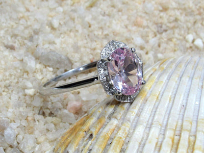 Ready to Ship Peach Sapphire Oval Engagement Ring, Floral Ring, Sospita, 2ct Ring, 8x6mm Oval BellaMoreDesign.com
