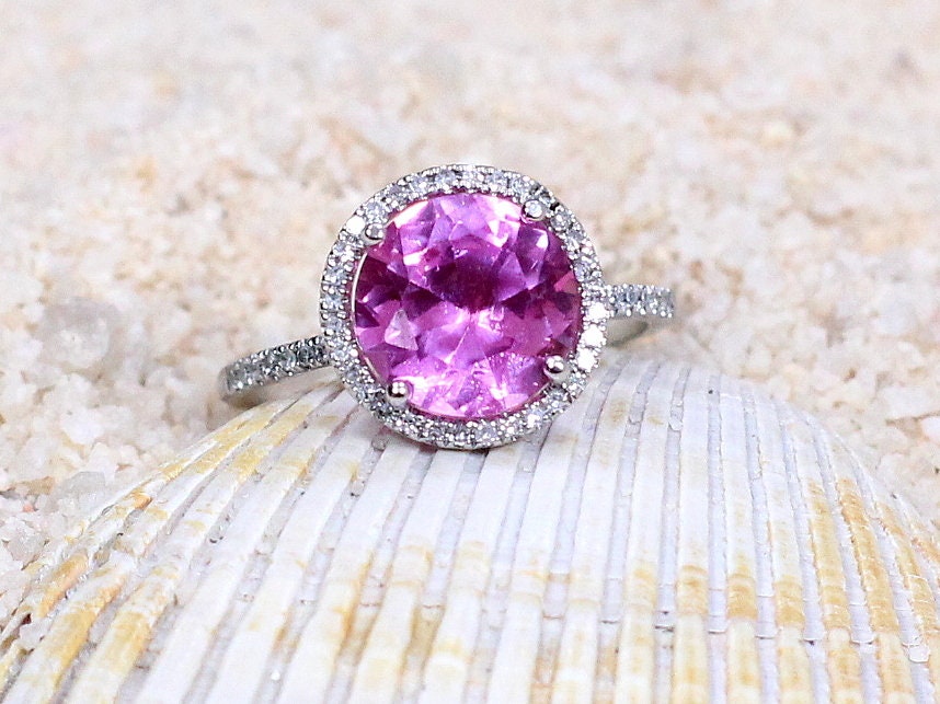 Ready to Ship Pink Sapphire & Diamonds Engagement Ring Halo Round Basket Pricus 3ct 9mm Custom BellaMoreDesign.com