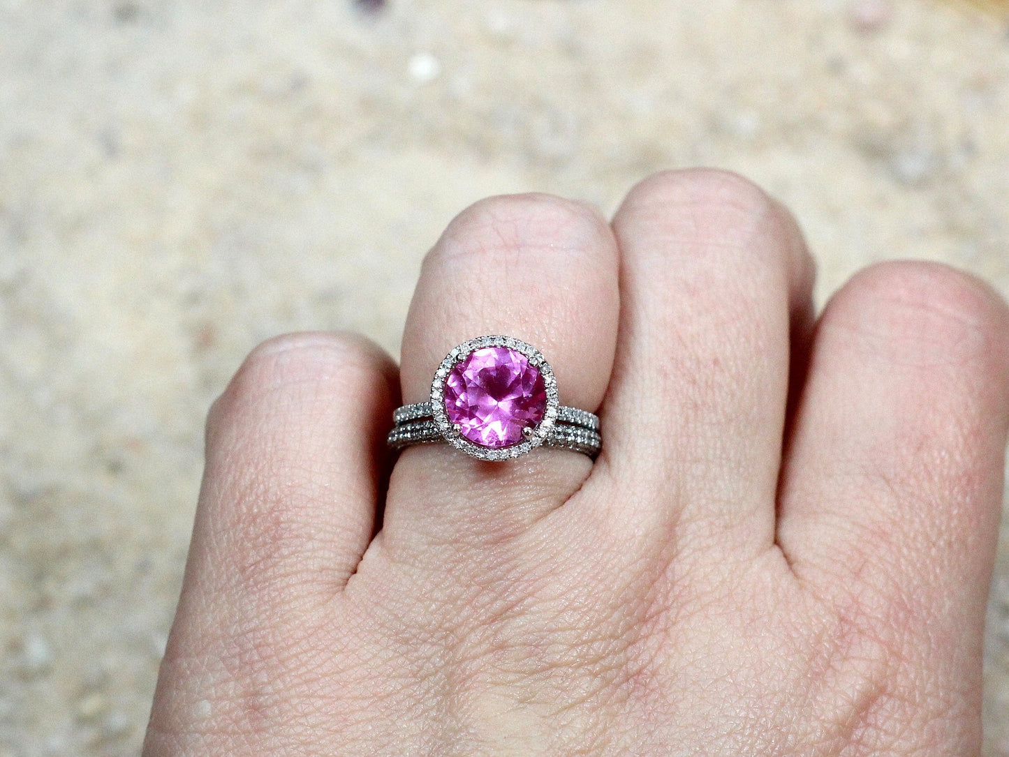 Ready to Ship Pink Sapphire Enagagement Ring Set, Round Diamond Halo, White Sapphire Pave Band, Pricus, Elpis, 3ct, 9mm BellaMoreDesign.com