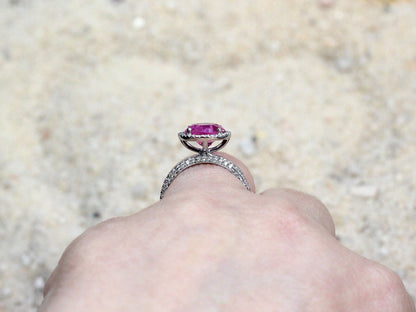 Ready to Ship Pink Sapphire Enagagement Ring Set, Round Diamond Halo, White Sapphire Pave Band, Pricus, Elpis, 3ct, 9mm BellaMoreDesign.com