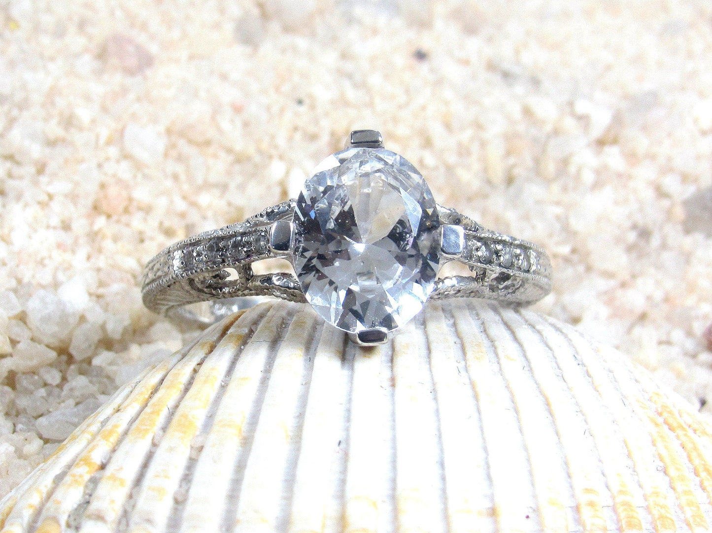 Ready to Ship White Sapphire Antique Style Vintage Filigree Milgrain Engagement Ring, 3ct Oval 9x7mm, Dionysus, Custom BellaMoreDesign.com
