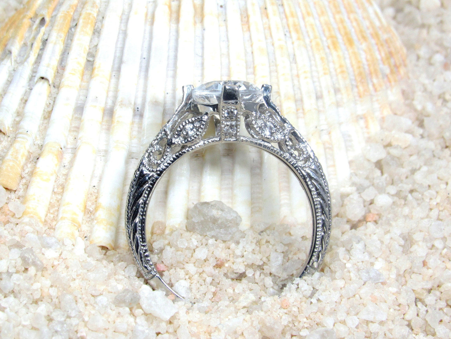 Ready to Ship White Sapphire Antique Style Vintage Filigree Milgrain Engagement Ring, 3ct Oval 9x7mm, Dionysus, Custom BellaMoreDesign.com
