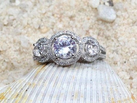 Ready to Ship White Sapphire Diamonds 3 Stone triple Round Halo Engagement Ring, split shank, Euryale, 1ct, 6mm, Gift for her, Promise ring BellaMoreDesign.com