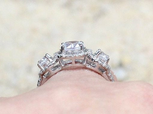 Ready to Ship White Sapphire Diamonds 3 Stone triple Round Halo Engagement Ring, split shank, Euryale, 1ct, 6mm, Gift for her, Promise ring BellaMoreDesign.com