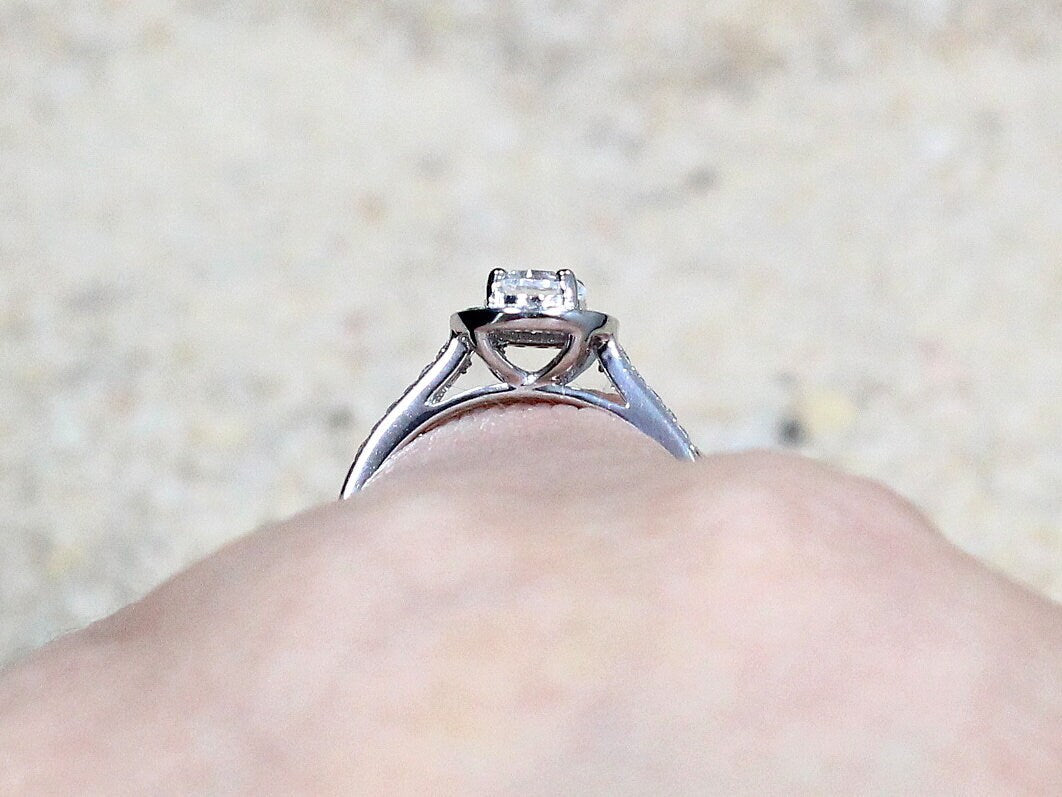 Ready to Ship White Sapphire & Diamonds Engagement Ring Channel Halo Round cut Nyx .80ct 5mm Custom Size BellaMoreDesign.com