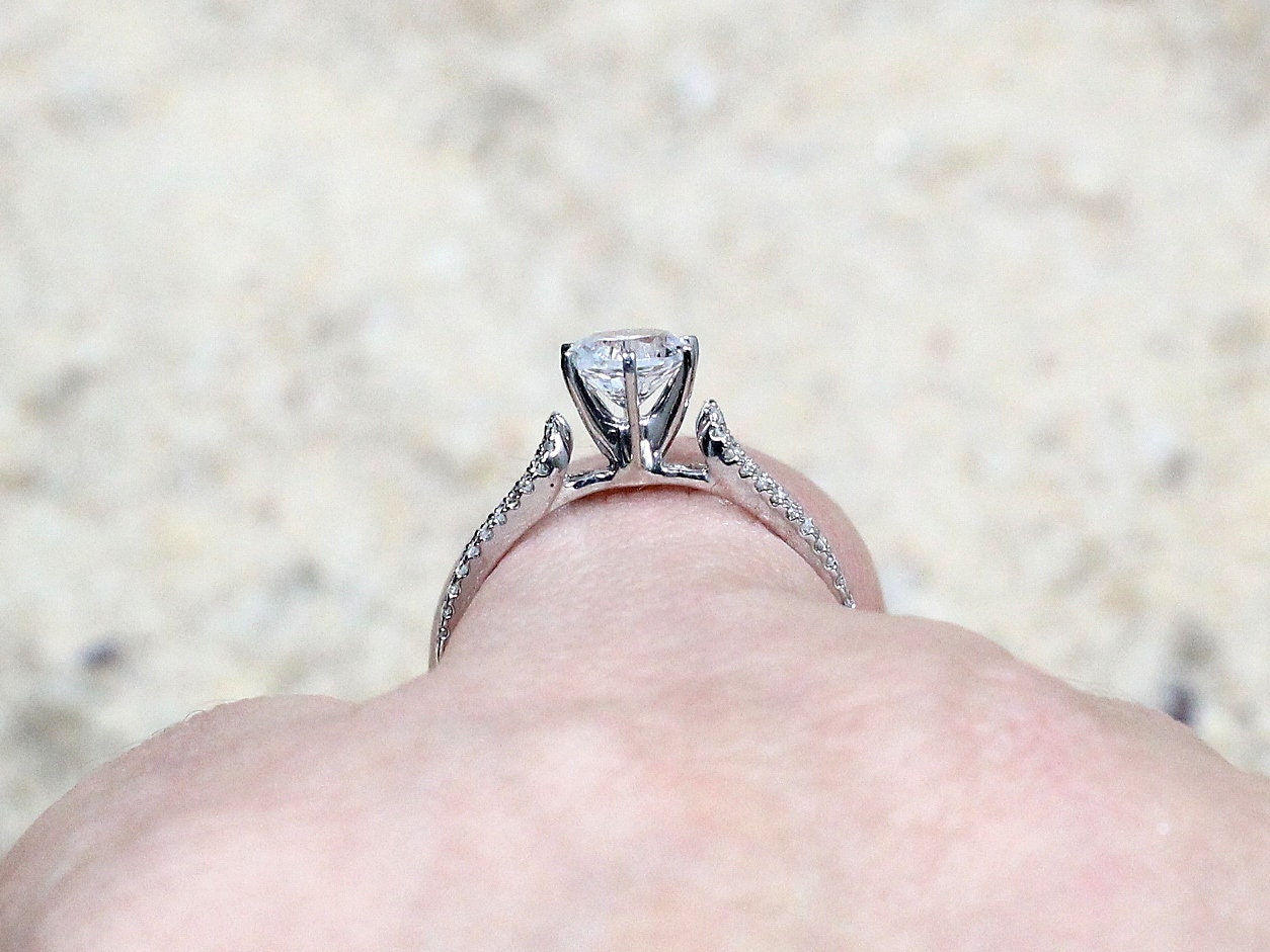 Ready to Ship White Sapphire & Diamonds round split shank Engagement Ring Solitaire Aglaia 1ct 6mm Round Custom Size BellaMoreDesign.com