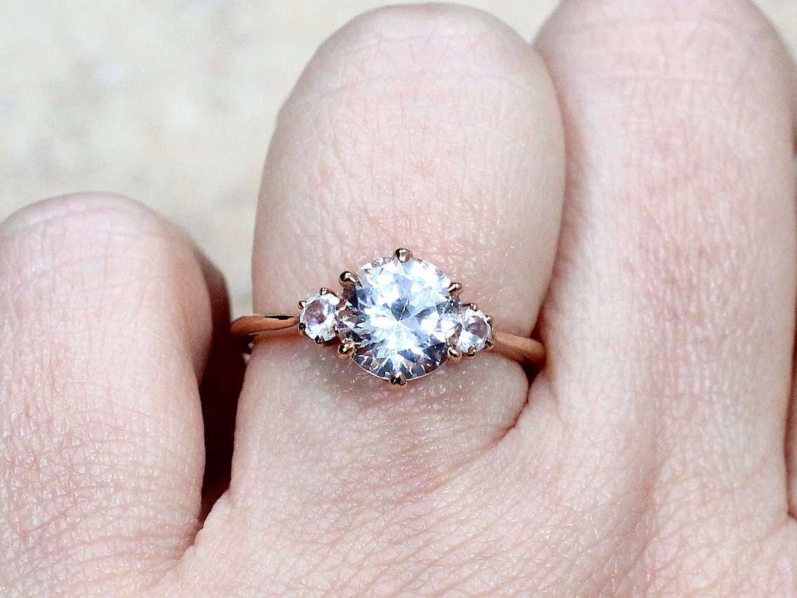 Ready to Ship White Sapphire Engagement Ring 3 Gem Stone Round Cupid Anniversary 2ct 8mm Custom Size 10k Rose Gold BellaMoreDesign.com