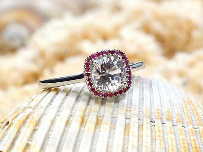 Ready to Ship White Sapphire with Ruby Engagement Ring Cushion Halo Doris Round cut 1ct 6mm Custom Size Rubies BellaMoreDesign.com