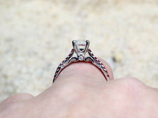 Ready to ship 1ct Artemis 6mm White Sapphire & 2 Double Rows Round Ruby  Swirl Gallery Engagement Ring BellaMoreDesign.com