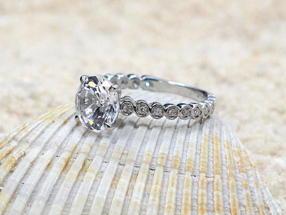 Ready to ship White Sapphire Engagement Ring Diamond Eternity Bubble Circle Bezel Beaded Edge Ferarelle Custom BellaMoreDesign.com