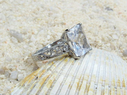 Red Ruby & Diamonds Engagement Ring, Polymnia, Filigree, Milgrain, Vintage, Antique, 10x8mm, 4ct, Emerald Cut BellaMoreDesign.com