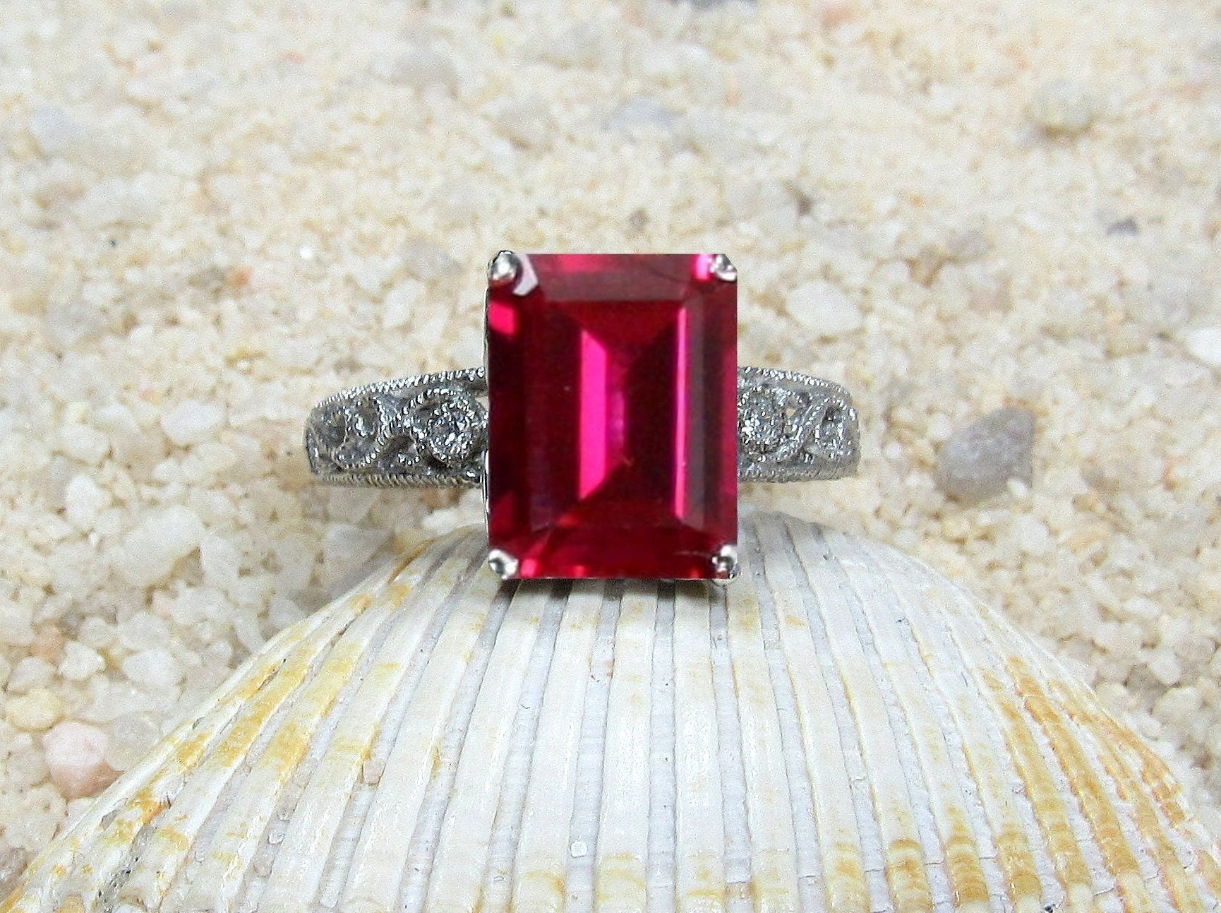 Red Ruby & Diamonds Engagement Ring, Polymnia, Filigree, Milgrain, Vintage, Antique, 10x8mm, 4ct, Emerald Cut BellaMoreDesign.com