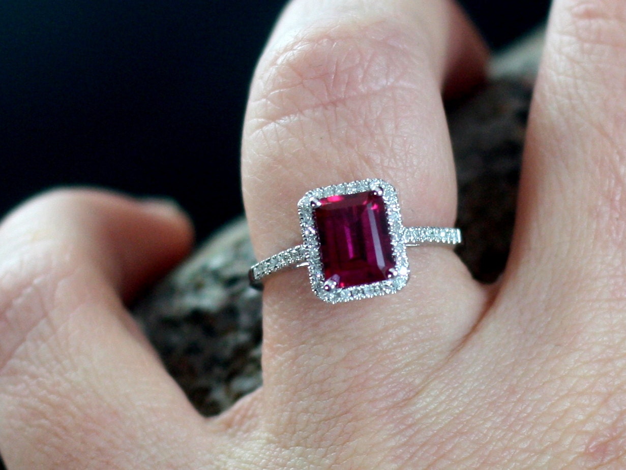 Red Ruby Engagement Ring, Diamonds Halo, Emerald cut, Ione, 2ct, 8x6mm, Promise Ring, Gift for her BellaMoreDesign.com