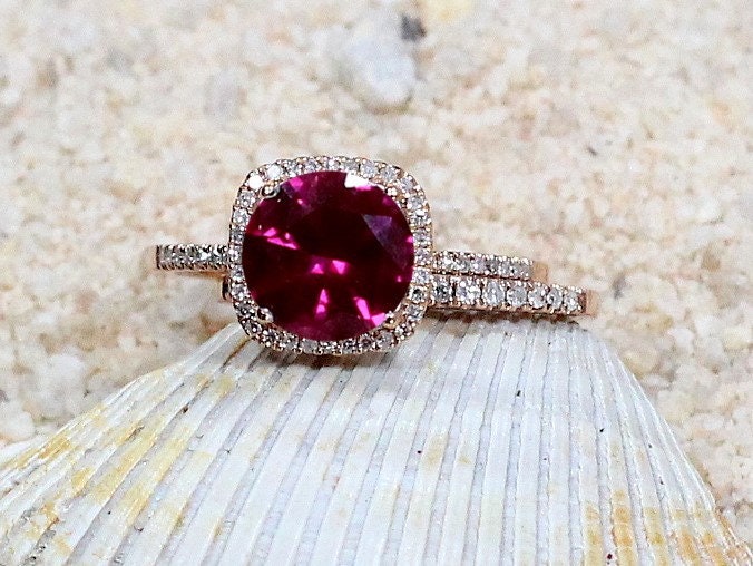 Ruby & Diamonds Engagement Ring set, Cushion Halo, Cuscino, Diamond wedding Band, 3ct, 8mm, Promise ring, gift for her BellaMoreDesign.com