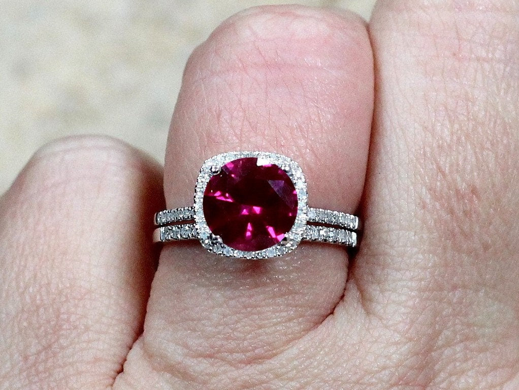 Ruby & Diamonds Engagement Ring set, Cushion Halo, Cuscino, Diamond wedding Band, 3ct, 8mm, Promise ring, gift for her BellaMoreDesign.com