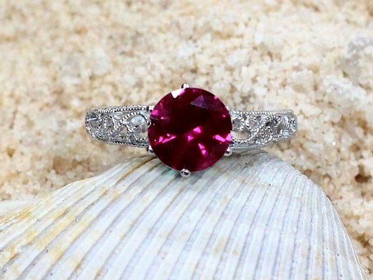Ruby Engagement Ring Polymnia Antique Filigree Round Vintage 2ct 8mm Custom White-Yellow-Rose Gold-10k-14k-18k-Platinum BellaMoreDesign.com