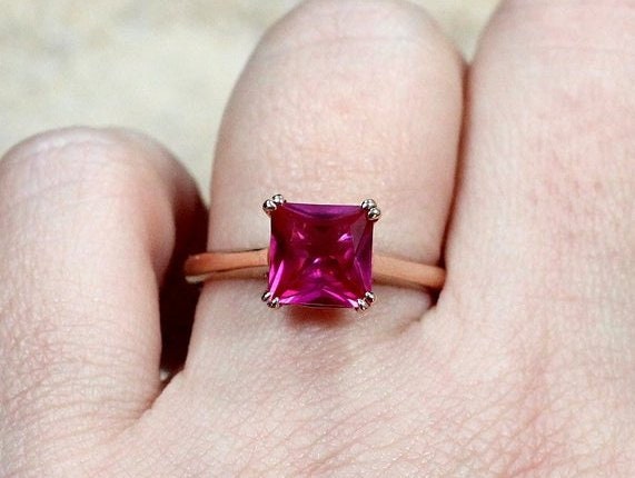 Ruby Engagement Ring,Ruby Ring,Princess Cut Ring,double prong,Solitaire,Phoebe,3.5ct Ring,White-Yellow-Rose Gold-10k-14k-18k-Platinum BellaMoreDesign.com