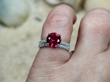 Ruby Engagement Ring Set,Wedding Band Set,Half Eternity Band,Ruby Ring,Pistis,2ct Ring,White-Yellow-Rose Gold-10k-14k-18k-Platinum BellaMoreDesign.com