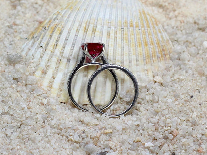 Ruby Engagement Ring Set,Wedding Band Set,Half Eternity Band,Ruby Ring,Pistis,2ct Ring,White-Yellow-Rose Gold-10k-14k-18k-Platinum BellaMoreDesign.com