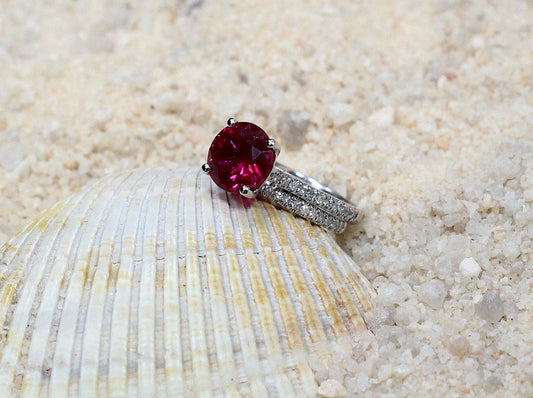 Ruby Engagement Ring Set,Wedding Band Set,Half Eternity Band,Ruby Ring,Pistis,2ct Ring,White-Yellow-Rose Gold-10k-14k-18k-Platinum BellaMoreDesign.com