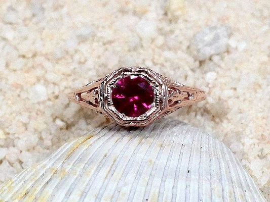 Ruby Engagement Ring, Vintage, Antique, Filigree, Round cut, .75ct, 5mm, Kassandra BellaMoreDesign.com