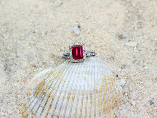 Ruby Ring Set,Diamond Band,Emerald Halo Ring,Engagement Ring Set,Wedding Band Set,Ione,2ct Ring, White-Yellow-Rose Gold-10k-14k-18k-Platinum BellaMoreDesign.com