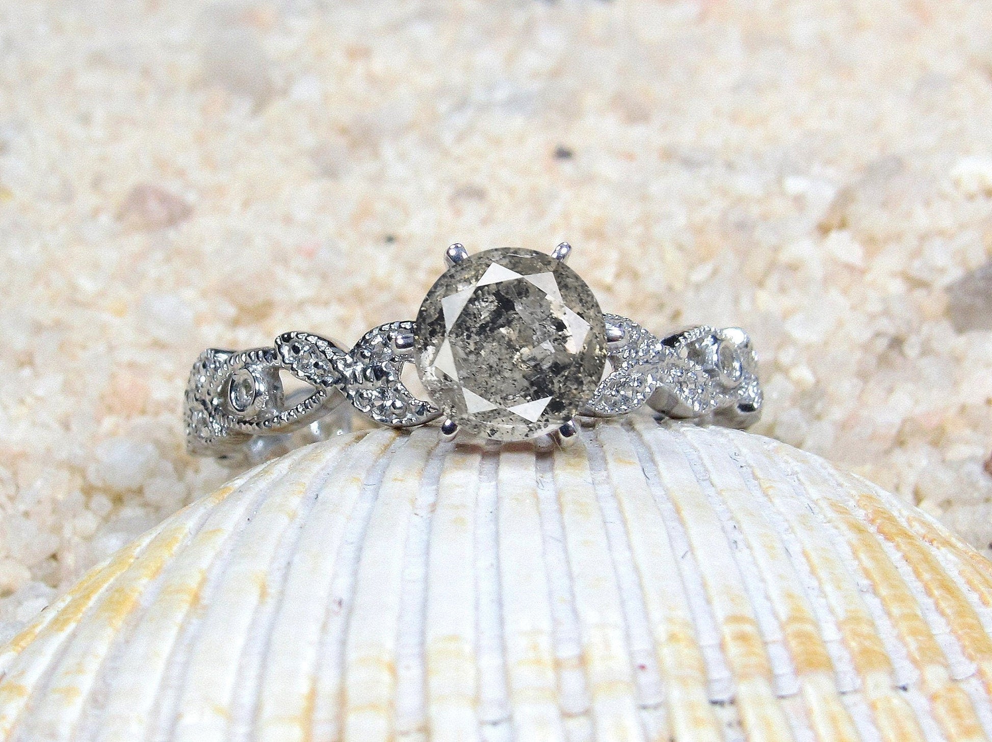 Salt and Pepper Diamond Engagement Ring Leaf Milgrain Beaded Edge