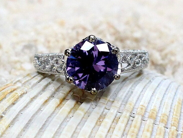 Sapphire Vintage Engagement Ring,Color Change Ring,Antique Ring,Filigree Ring,Polymnia,3ct Ring,White-Yellow-Rose Gold-10k-14k-18k-Plt BellaMoreDesign.com