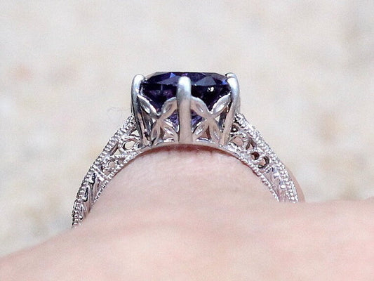 Sapphire Vintage Engagement Ring,Color Change Ring,Antique Ring,Filigree Ring,Polymnia,3ct Ring,White-Yellow-Rose Gold-10k-14k-18k-Plt BellaMoreDesign.com