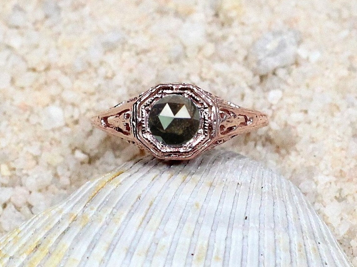 Vintage Black Brown Diamond Engagement Ring Antique Style Filigree Round Kassandra 5mm .60ct Custom White-Yellow-Rose Gold-10k-14k-18k-Plat BellaMoreDesign.com