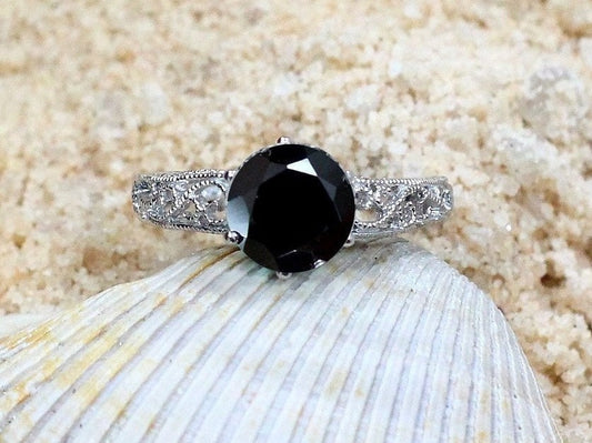 Vintage Black Spinel Engagement Ring Polymnia Antique Filigree Round Vintage 2ct 8mm Custom White-Yellow-Rose Gold-10k-14k-18k-Platinum BellaMoreDesign.com