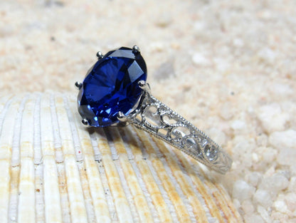 Vintage Blue Sapphire Engagement Ring Antique Style Filigree Oval Polymnia 3ct 9x7mm Custom White-Yellow-Rose Gold-10k-14k-18k-Platinum BellaMoreDesign.com