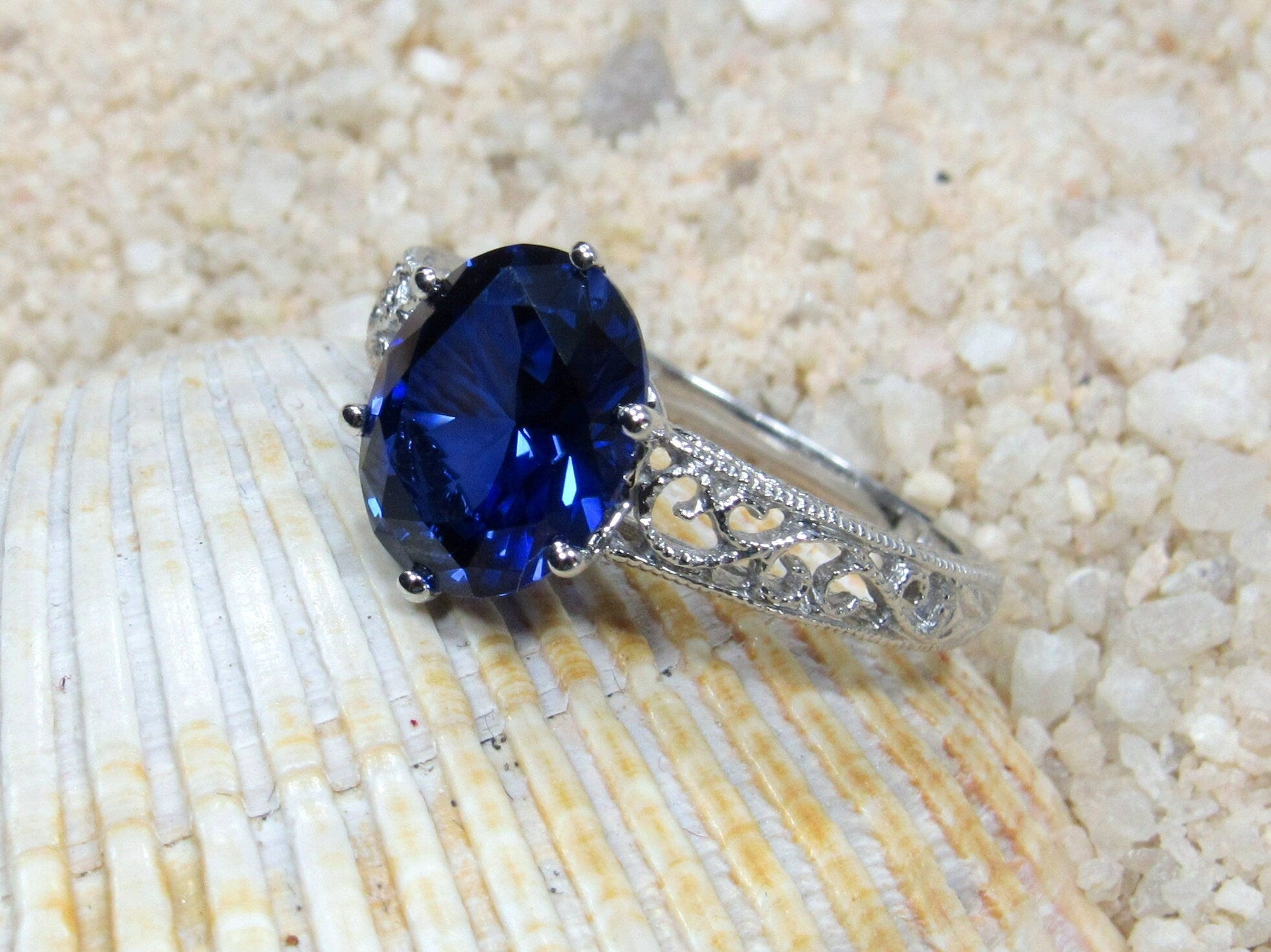 Vintage Blue Sapphire Engagement Ring Antique Style Filigree Oval Polymnia 3ct 9x7mm Custom White-Yellow-Rose Gold-10k-14k-18k-Platinum BellaMoreDesign.com