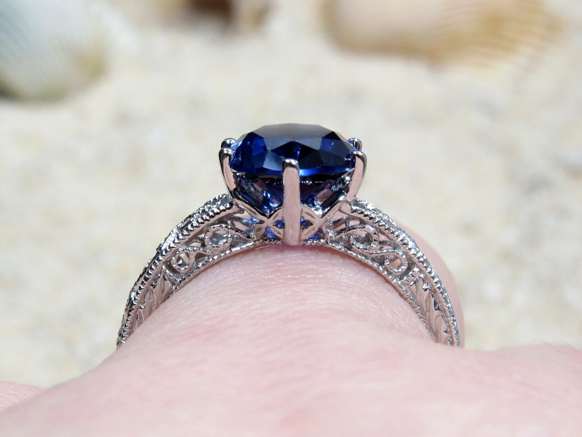 Vintage Blue Sapphire Engagement Ring Antique Style Filigree Oval Polymnia 3ct 9x7mm Custom White-Yellow-Rose Gold-10k-14k-18k-Platinum BellaMoreDesign.com