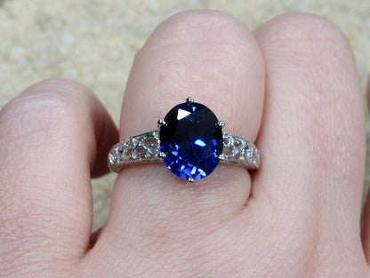 Vintage Blue Sapphire Engagement Ring Antique Style Filigree Oval Polymnia 3ct 9x7mm Custom White-Yellow-Rose Gold-10k-14k-18k-Platinum BellaMoreDesign.com