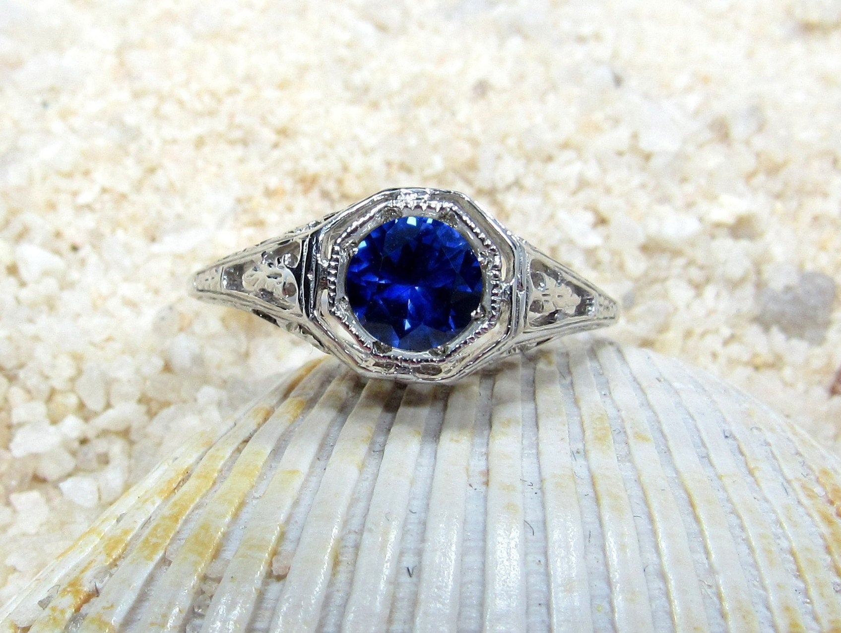 Vintage Blue Sapphire Engagement Ring Antique Style Filigree Round cut Kassandra .75ct 5mm White-Yellow-Rose Gold-10k-14k-18k-Platinum BellaMoreDesign.com