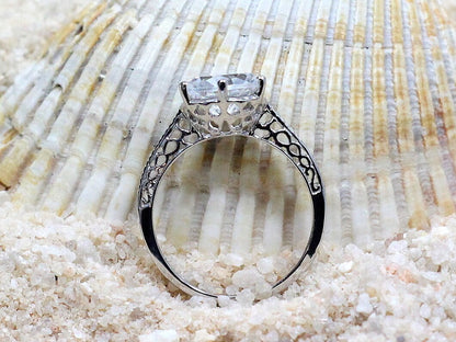 Vintage Blue Sapphire Engagement Ring Antique Style Filigree Round cut Maia 3ct 9mm Custom White-Yellow-Rose Gold-10k-14k-18k-Platinum BellaMoreDesign.com