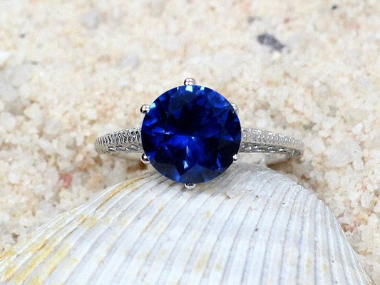 Vintage Blue Sapphire Engagement Ring Antique Style Filigree Round cut Maia 3ct 9mm Custom White-Yellow-Rose Gold-10k-14k-18k-Platinum BellaMoreDesign.com