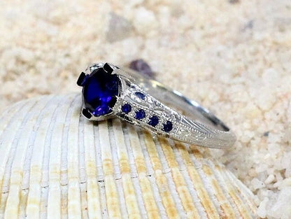 Vintage Blue Sapphire Engagement Ring Filigree 1ct 6mm Dionysus Custom Size White-Yellow-Rose Gold-10k-14k-18k-Platinum BellaMoreDesign.com