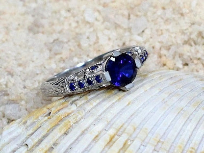 Vintage Blue Sapphire Engagement Ring Filigree 1ct 6mm Dionysus Custom Size White-Yellow-Rose Gold-10k-14k-18k-Platinum BellaMoreDesign.com
