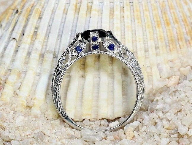 Vintage Blue Sapphire Engagement Ring Filigree 1ct 6mm Dionysus Custom Size White-Yellow-Rose Gold-10k-14k-18k-Platinum BellaMoreDesign.com