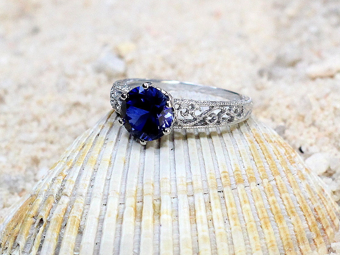 Vintage Blue Sapphire Engagement Ring Polymnia Antique Filigree Round 2ct 8mm Custom White-Yellow-Rose Gold-10k-14k-18k-Platinum BellaMoreDesign.com